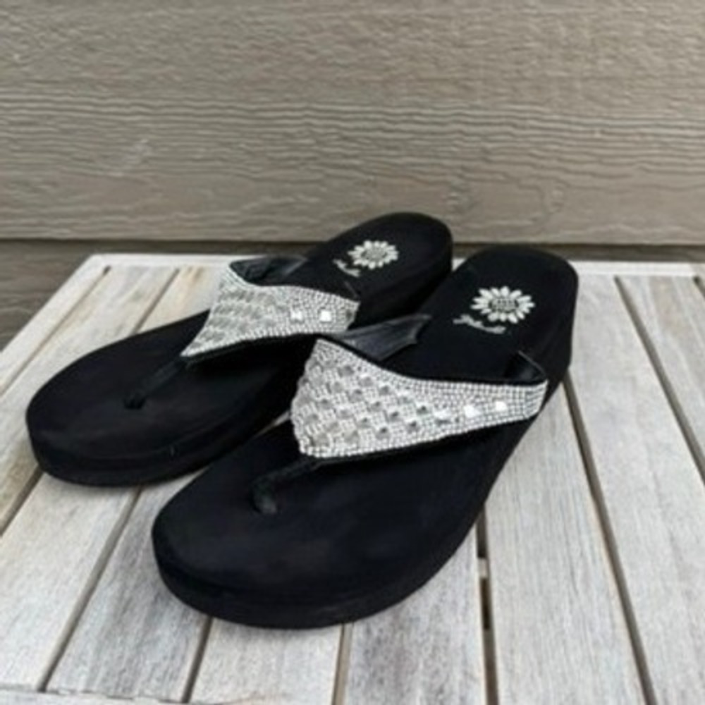 Black Sparkly Rhinestone Wedge Flip Flops Y2K Size 6.5